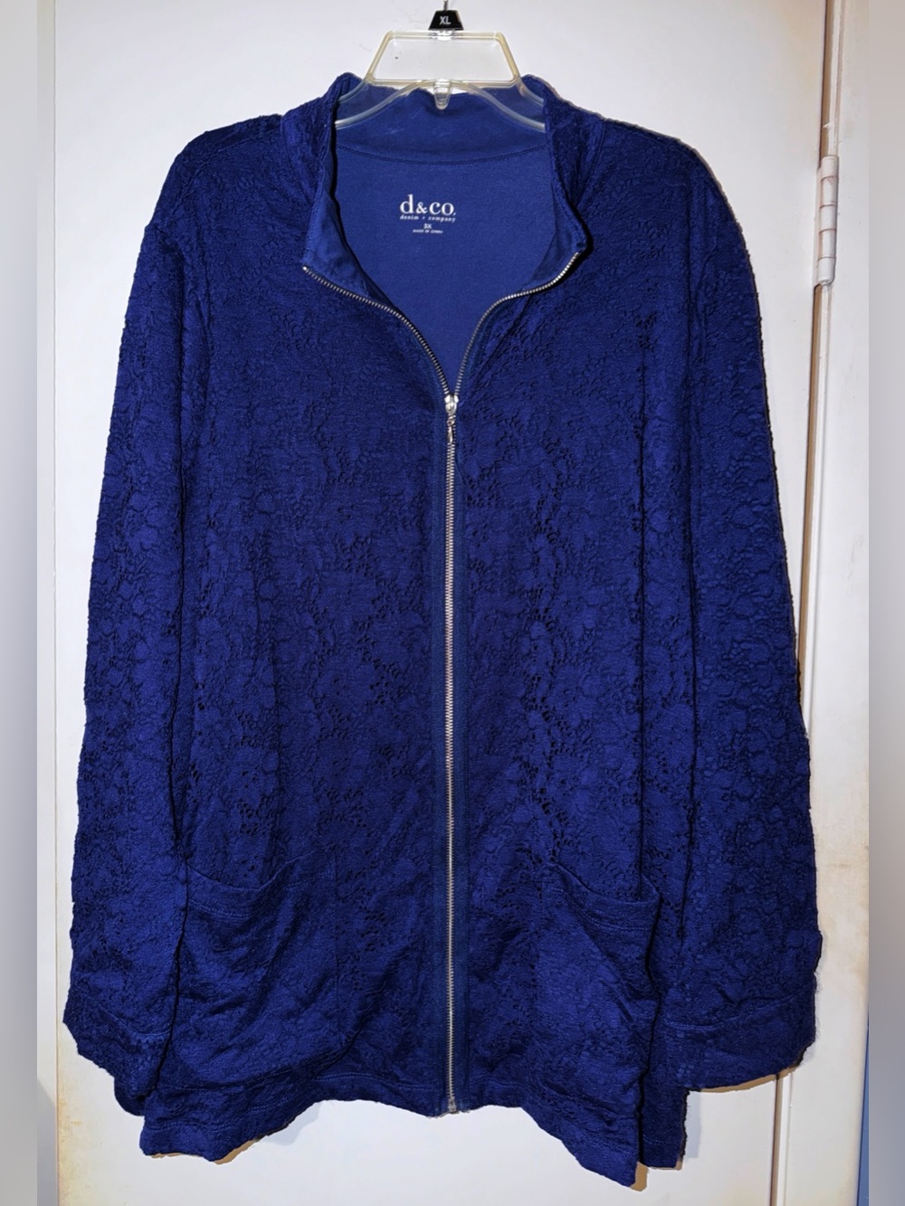 Navy Lace Overlay Zip-Front Jacket 3X